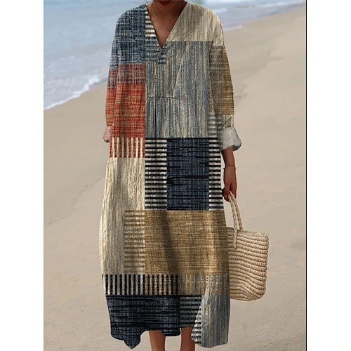 Damen Midi Kleid V-Ausschnitt Langarm Kaftan Leicht Lockerer Schnitt A-Linien Kleid Lässig Boho Ausgehen Lockerer Schnitt Grafisch Geometrisch Langarm V-Ausschnitt Gelb Hellbraun Blau Orange Herbst Image