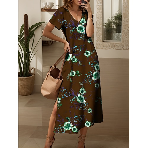 Damen Maxikleid Strickkleid Freizeitkleid Sommerkleid A Linie Kleid Elegant Urlaub Lässig Strand Normale Passform Blumen Grafik Kurzarm V Ausschnitt Blau Dunkel Braun Rote Purpur Sommer Frühling Image
