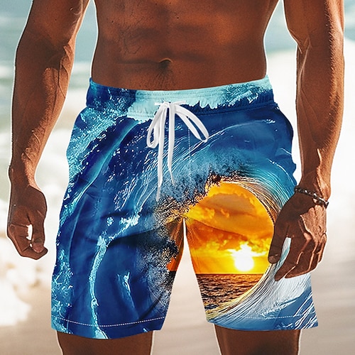 Herren Optische Täuschung Ozean Sonnenuntergang Badehosen Badeshorts Boardshorts Mittlere Taille Streetwear Hawaiianisch Urlaub Seitentaschen Netzfutter Elastischer Kordelzug in der Taille Designer Image
