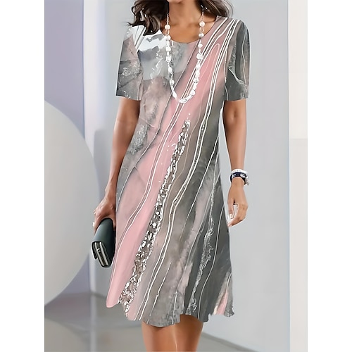 Damen Elegantes Partykleid Abendkleid Midi Kleid Rundhals Kurzarm Shift Kleid A-Linien Kleid Lässig Alltag Tee Regulär Passform Ombre Grafik Schwarz Pink Himmelblau Dunkelblau Image