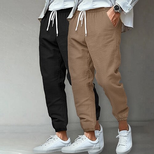 Herren Leinenhosen Hose Sommerhose Strandhose Freizeithose Tasche Elastischer Bund Mehrfachpackung Einfarbig Komfort Atmungsaktiv Volle Länge Outdoor Heim Täglich Urlaub Klassicher Stil Helles Image