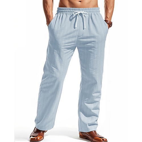 Herren Leinenhosen Hose Sommerhose Strandhose Tasche Elastischer Bund Kordelzug Gestreift Komfort Atmungsaktiv Urlaub Täglich Ferien Hawaiianisch Boho Schwarz Weiß Image