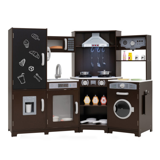Costway Corner Wooden Play Kitchen with Lights and Sounds Large Pretend Play Kitchen Set-Espresso