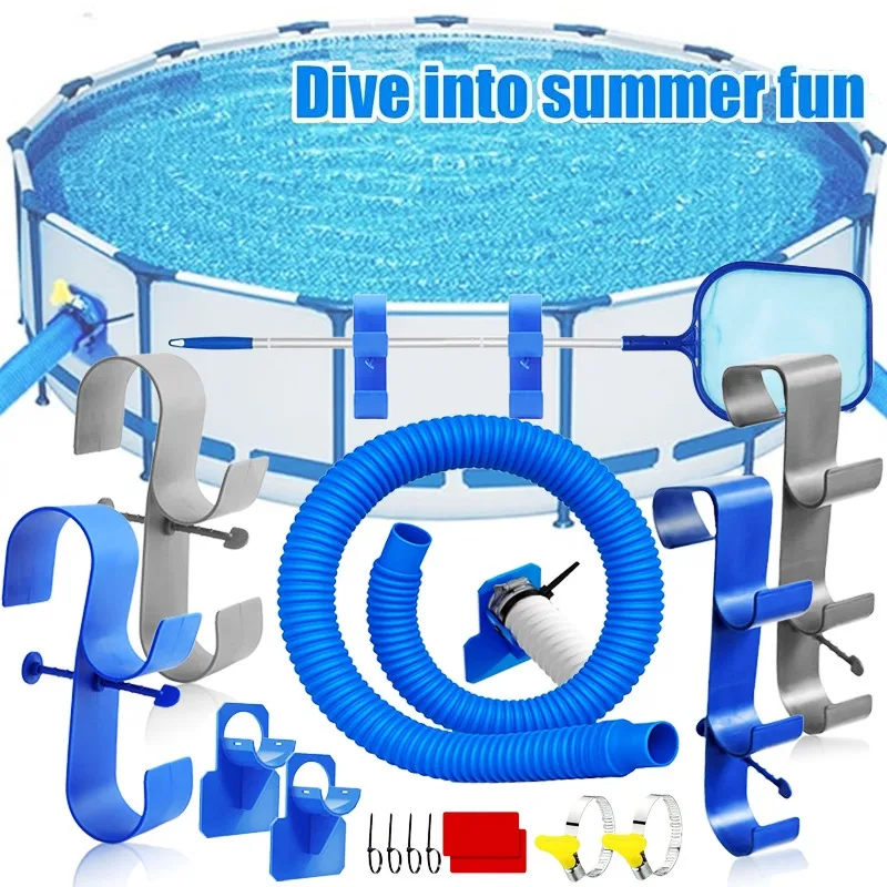 Pompe de filtration pour piscine avec tuyau de 1,5 m, crochets de piscine pour poteaux, support de poteau de piscine réglable pour piscines hors sol, accessoires