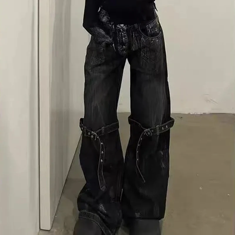 American Retro Black Laced Jeans Gothic Street Deconstructed Straight Denim Pants Pocket Harajuku Y2K Casual Hiphop Hose