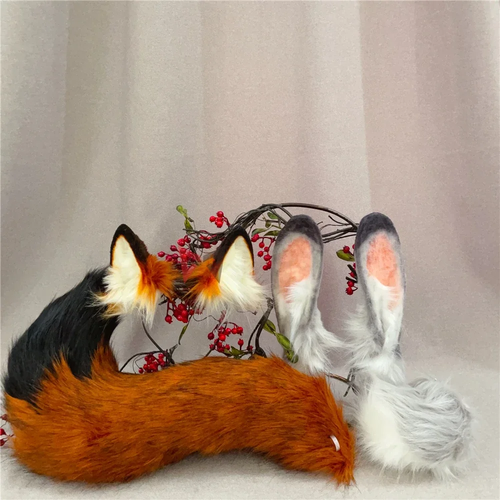 Maßgeschneiderte handgemachte Katze Fuchs Wolf Wölfe Ohren Hairhoop Hase Kaninchen Ohren Kopfbedeckung Schwanz für Cosplay Prop Image