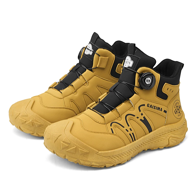 Gelbe Herren-Motorradstiefel, Knopf-Design, Stiefeletten, Herren-Plateaustiefel, rutschfeste Outdoor-Biker-Stiefel für Herren, Botas para hombre