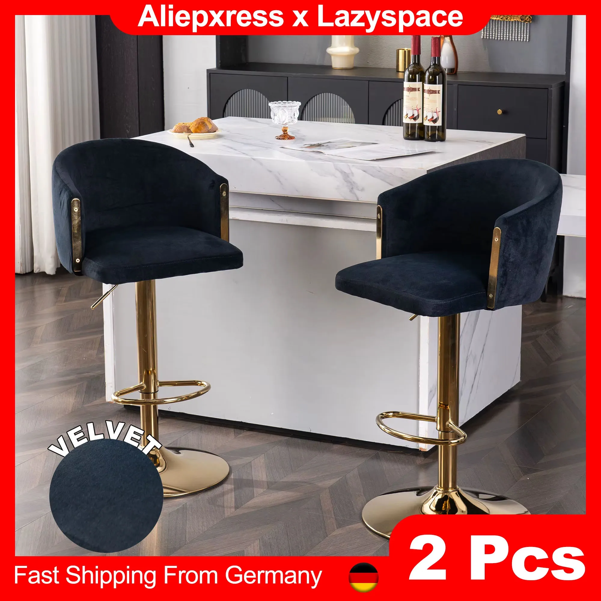 Lazyspace Moderne Barhocker, 2 Stück, drehbar, höhenverstellbar, bequeme Barstühle aus Samtstoff für Küche, Bar, Zähler