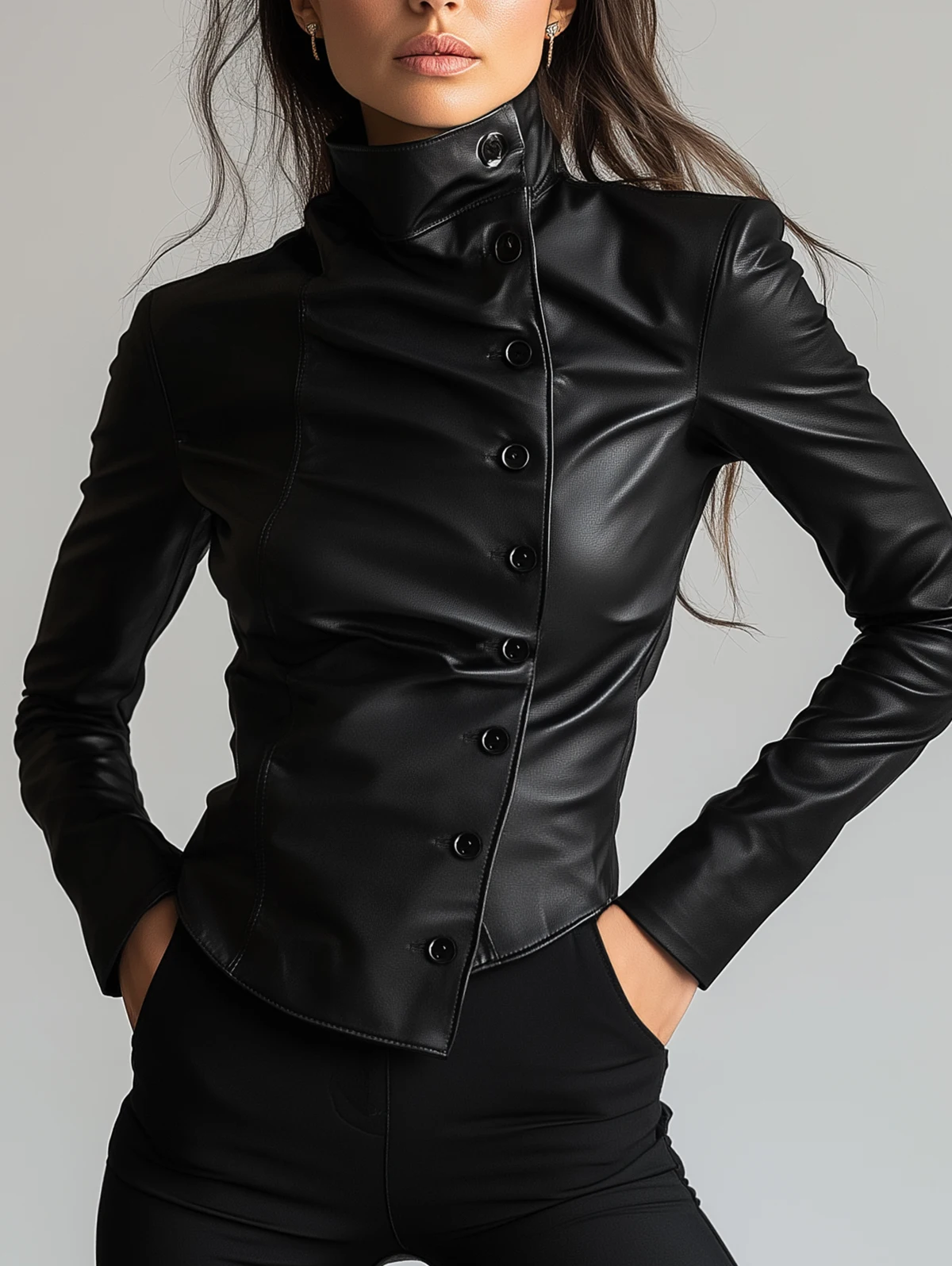 Frauen Bluse High Neck PU Leder Langarm Top Cinched Saum Solide Schräg Tasten Leder T Shirt High Street Streetwear Image