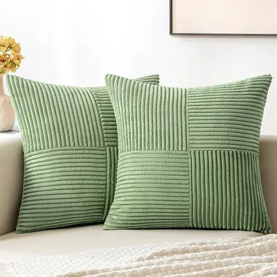 Grüne Textil-Kissenbezüge, 45,7 x 45,7 cm, für Wohnzimmer, Couch, Bett, Sofa, weicher gestreifter quadratischer Kissenbezug aus Cord, 45 x 45 cm Image
