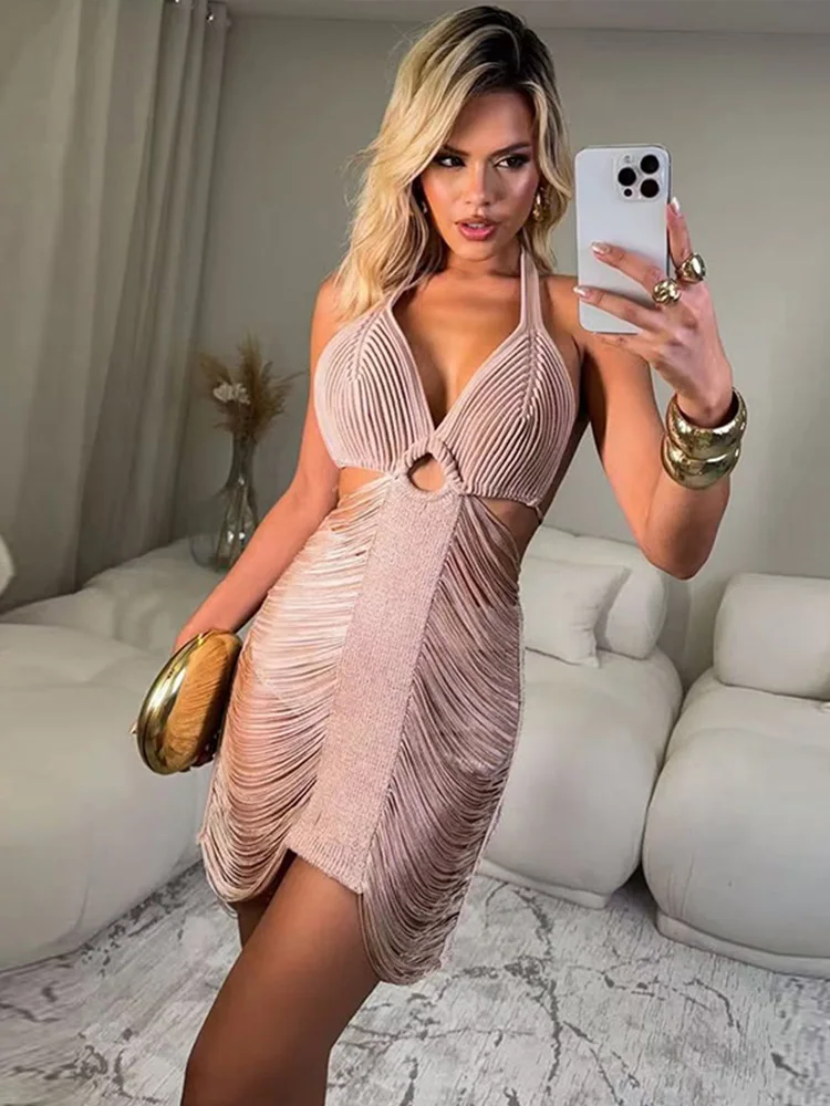 Quaste Mini Halter Kleid Frauen Sexy Backless Ärmellose Spitze Up Bodycon Kleider Weibliche 2025, Sommer Party Strand Damen Schlank Roben Image