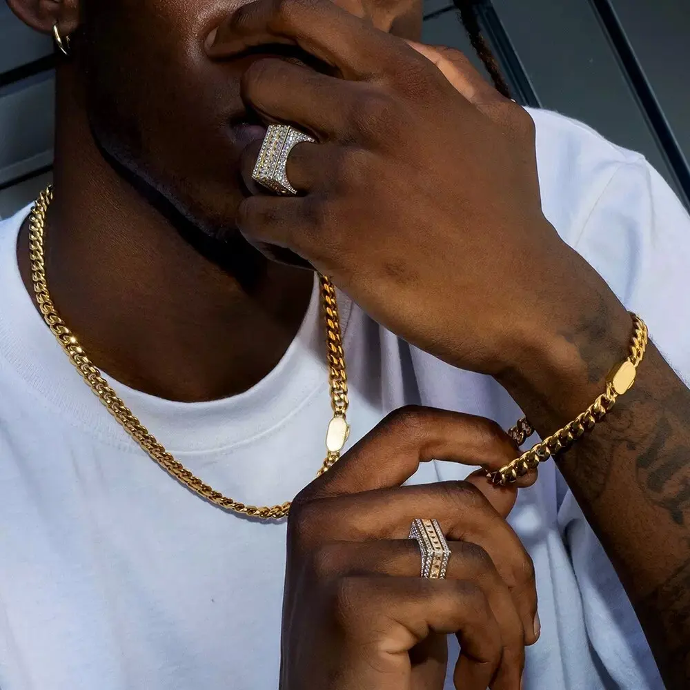 Hip Hop Schmuck 6-12MM 316L Edelstahl 18K Echtgold vergoldet Armband Halskette Herren Miami Curb Cuban Link Kette für Männer Image