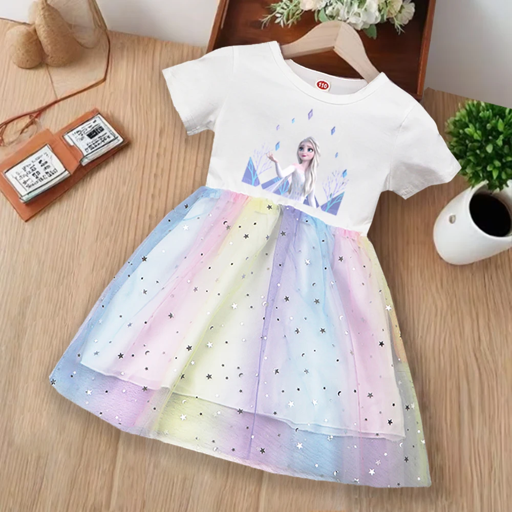 Kinder Disney Elsa Prinzessin Kleid Kleidung 2025, Sommer Kinder Stich Regenbogen Kleider Mädchen Kleinkind Kurzarm Niedliche Kleider 3-8T Image