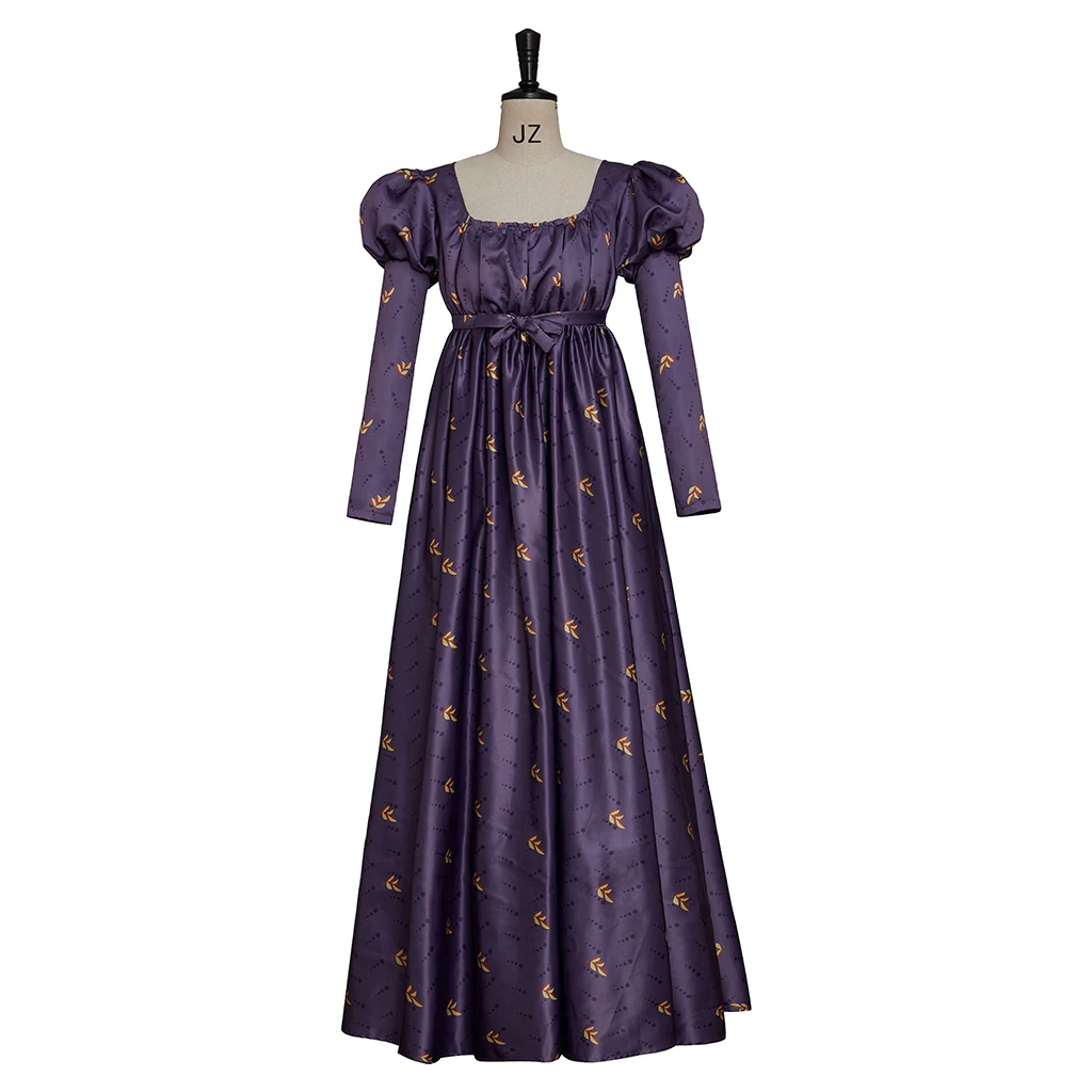 Mittelalterliches Tea-Partykleid, viktorianisches Regency-Ballkleid mit hoher Taille, Kostüm Jane Austen, lila Vintage-Blumenkleid mit Puffärmeln Image