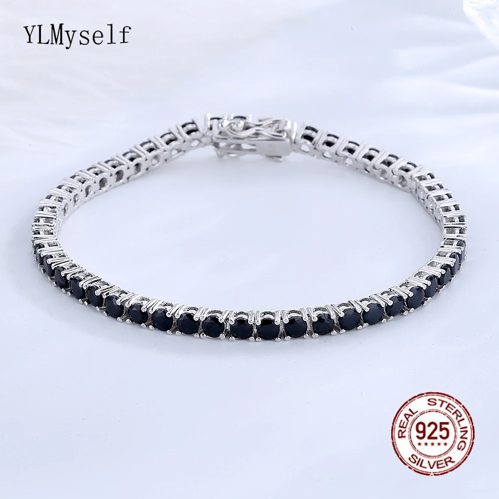 Solide Reinem Silber 15/16/17/18/19/20/21 cm Tennis Armband Pflastern 3 mm Runde Schwarz Jet Zirkon Elegante Echt 925 Schmuck Für Frauen