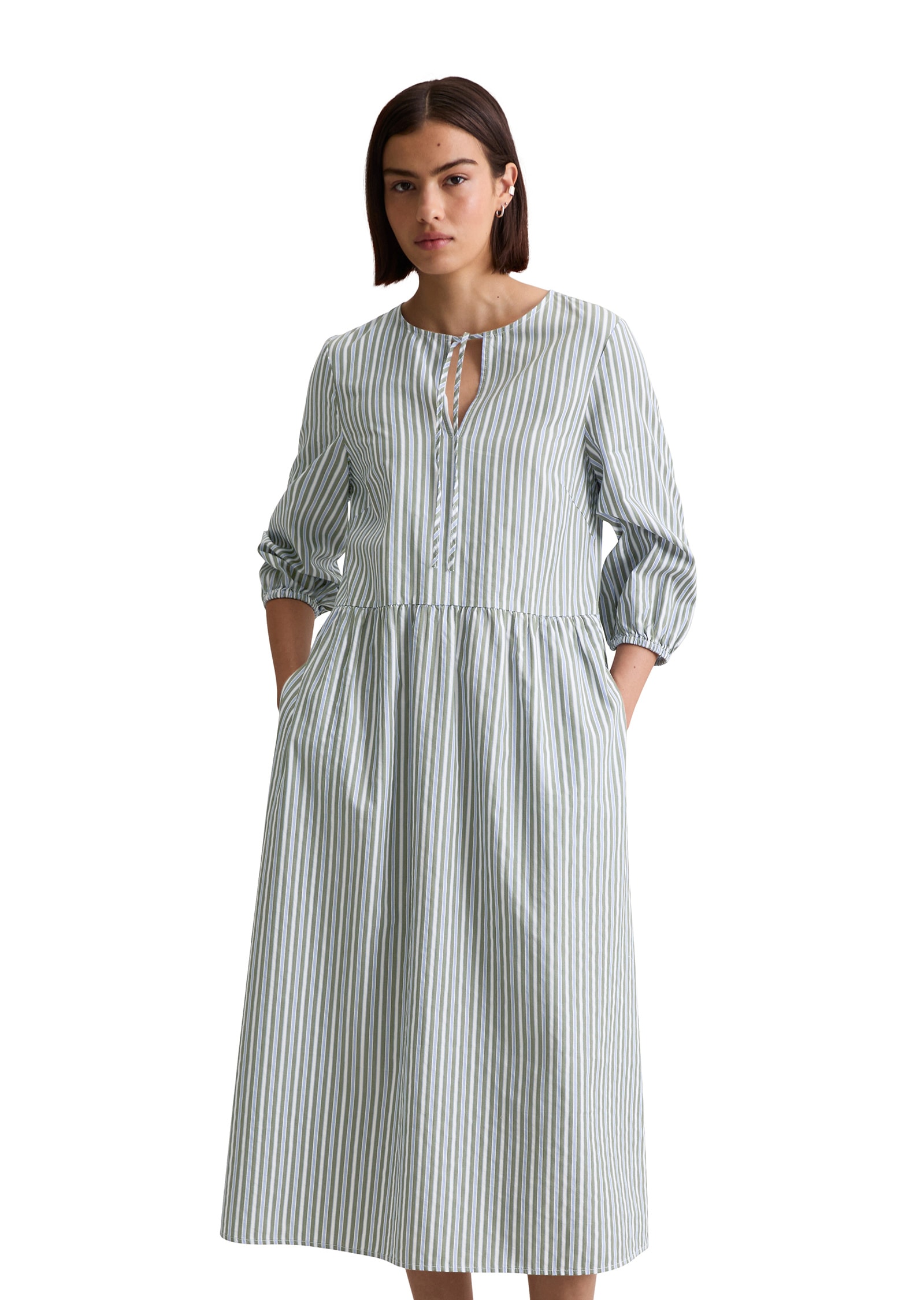 Midikleid MARC O'POLO DENIM "aus Baumwoll-Dobby", Damen, Gr. XL, Normalgrößen, grün (light grün), Obermaterial: 100% Baumwolle; Futter: 100% Nicht verfügbar, gestreift, regular fit wadenlang, Rundhals, Bündchen, Kleider Image