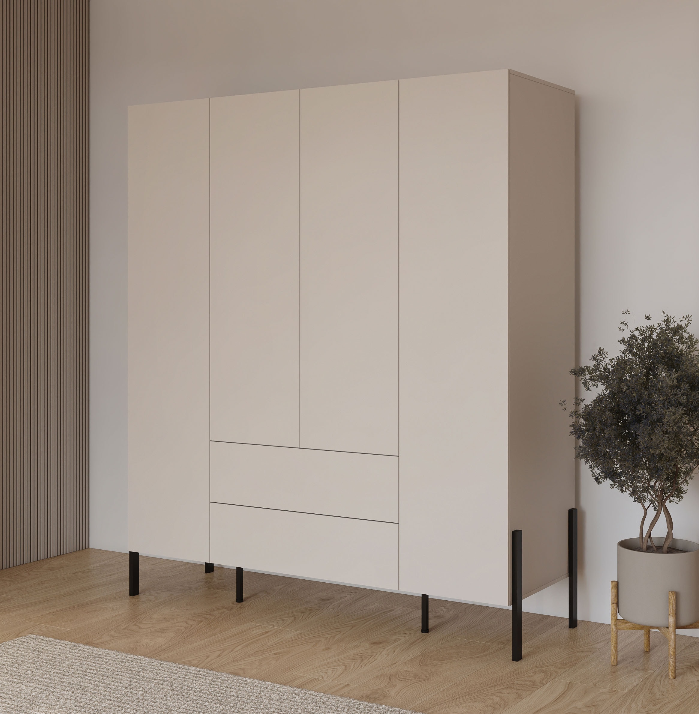 Drehtürenschrank OTTO HOME "Jukon, moderner Kleiderschrank mit Metallfüßen", kaschmir, B:180cm H:210cm T:59,5cm, FSC-zertifizierter Holzwerkstoff, Melamin, Metall, Schränke, Drehtürenschrank, Drehtürenschrank 4 Türen/2 Schubkästen, push to open...