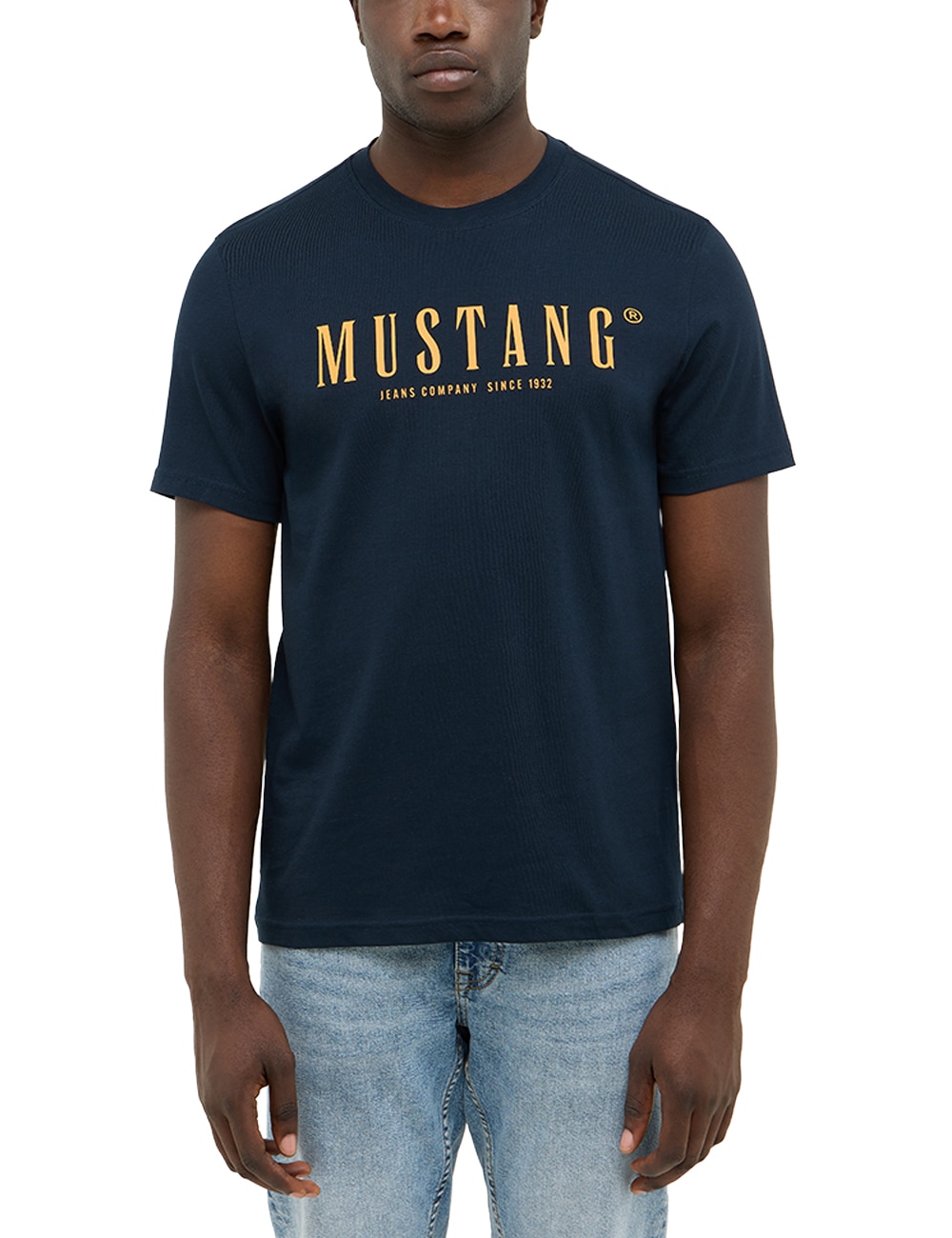 T-Shirt MUSTANG "MU-Austin", Herren, Gr. M, schwarz saphire, Jersey, Obermaterial: 100% Baumwolle, bedruckt, regular fit normal, Rundhals, Shirts Image