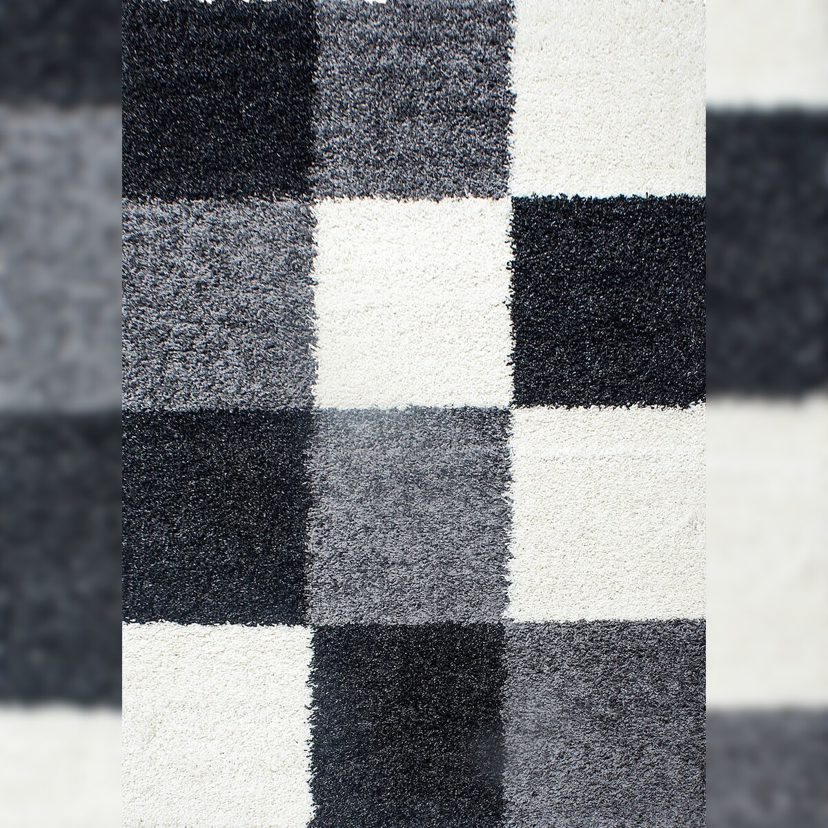 Teppich Hochflor Karo Polypropylen Wohnzimmer Shaggy Schwarz Läufer 60x110 | Kadima Design Image