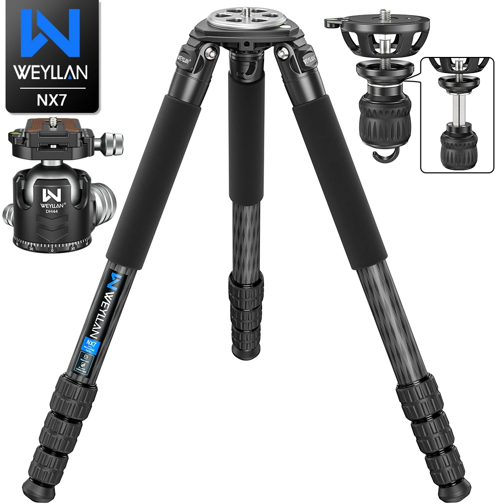 WEYLLAN NX7 Kompaktes Kohlefaser-Profi-Reisestativ, robustes Stativ, 75 mm Schüsseladapter für DSLR-Camcorder, maximale Belastung 20 kg Image