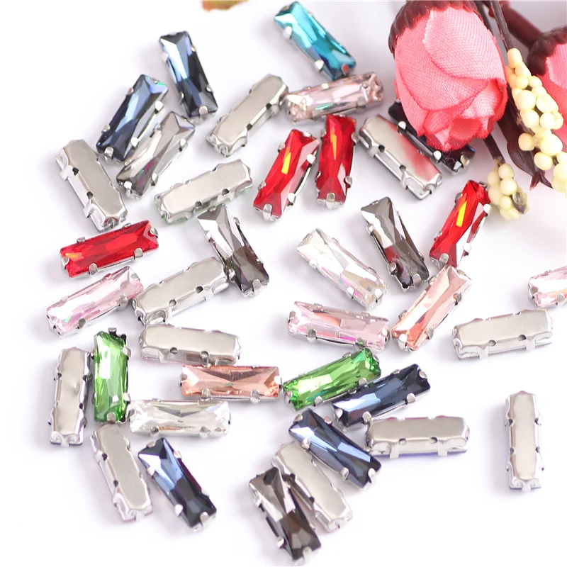 Rectangle High quality Glass Crystal Sew On Rhinestones With Silver Claw Handicrafts Glitter Stones For clothing accessories