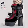 Große Größe 46 Frauen Matte Schwarz Kurze Stiefel 15 CM Block Heels Cosplay Kette Stil Cross-dressing Schuhe Spitze Riemchen gothic Booties