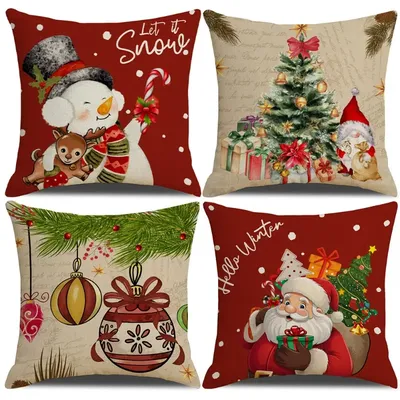 Weihnachts-Kissenbezüge, 45 x 45 cm, 4er-Set, Frohe Weihnachten, Kissen für Couch, Sofa, Heimdekoration, Weihnachtskissenbezüge, Innendekoration Image