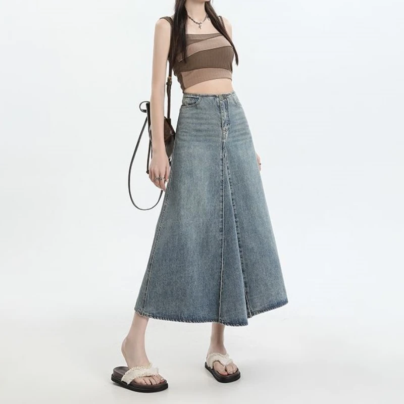 Deinm Röcke für Damen, trendiger Sommer, bequeme Kordelzug-Taille, A-Linien-Röcke, süßer Urlaub, Boho, langes, plissiertes langes Kleid mit Gürtel Image