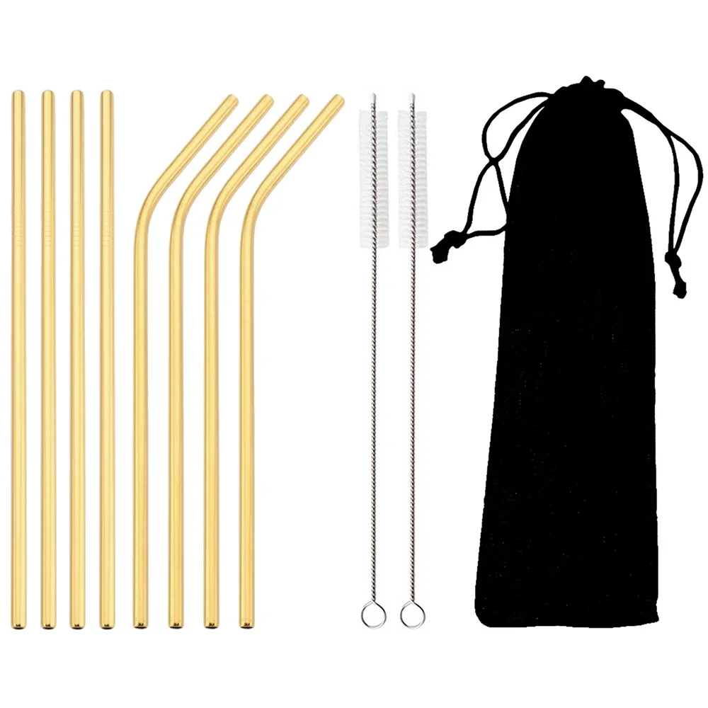 Gold Edelstahl Stroh Set Gold Wiederverwendbare Stroh Gerade Gebogen Trinkhalm Mit Tasche Reinigung Pinsel Home Bar Zubehör Image