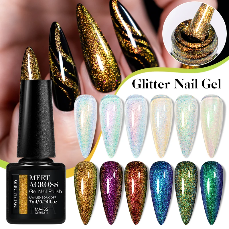 7ML MEET ACROSS Glitter Pailletten Nagel Gel Transparent Glitter Gel Brauchen Schwarz Basis Gel Soak Off UV Gel polnischen Nail art Lack Image