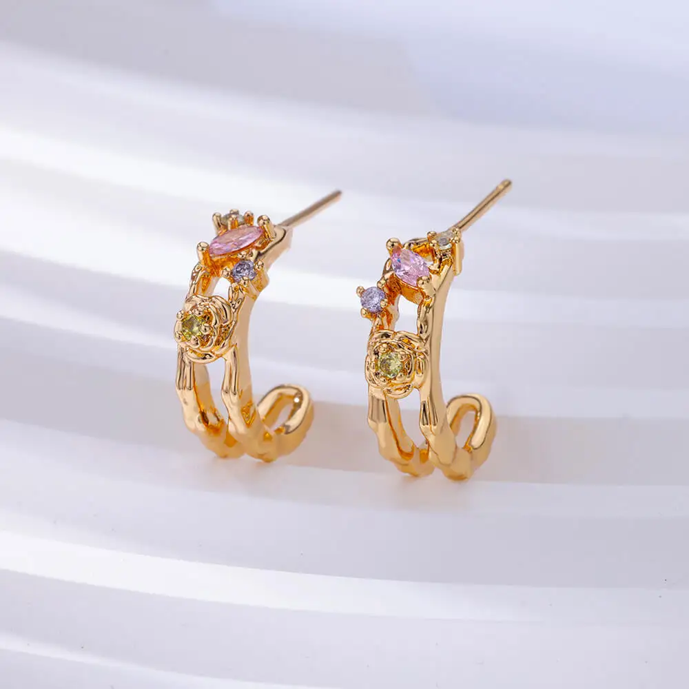 Farbige Zirkon Blume C Form Ohrringe Für Frauen Edelstahl Gold Farbe Ohrringe Hochzeit Ästhetischen Schmuck Geschenk aretes Image