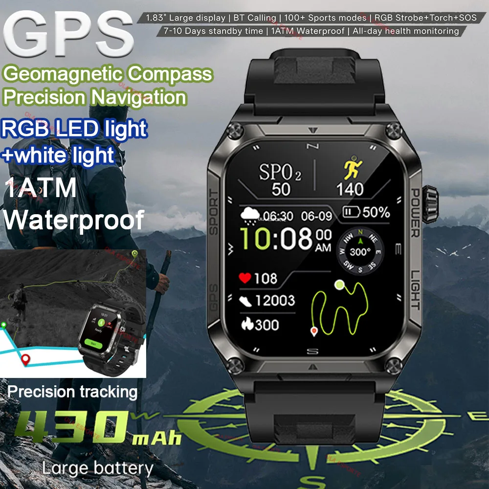 2025 Integrierte Dual-Band GPS Militär SmartWatch Männer Kompass Wasserdicht 100 + Sport Modi LED Licht Outdoor Smartwatch für Android Image