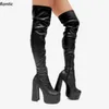 Rontic Neue Frauen Frühling Oberschenkel Stiefel Stretch Kunstleder Block Heels Runde Kappe Elegante Schwarz Party Schuhe Damen UNS Größe 5-20