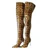 Olomm handgemachte Damen glänzende Oberschenkel hohe Stiefel Stiletto-Absatz spitze Zehen wunderschöne Leoparden-Nachtclub-Schuhe Damen Plus US-Größe 5–15