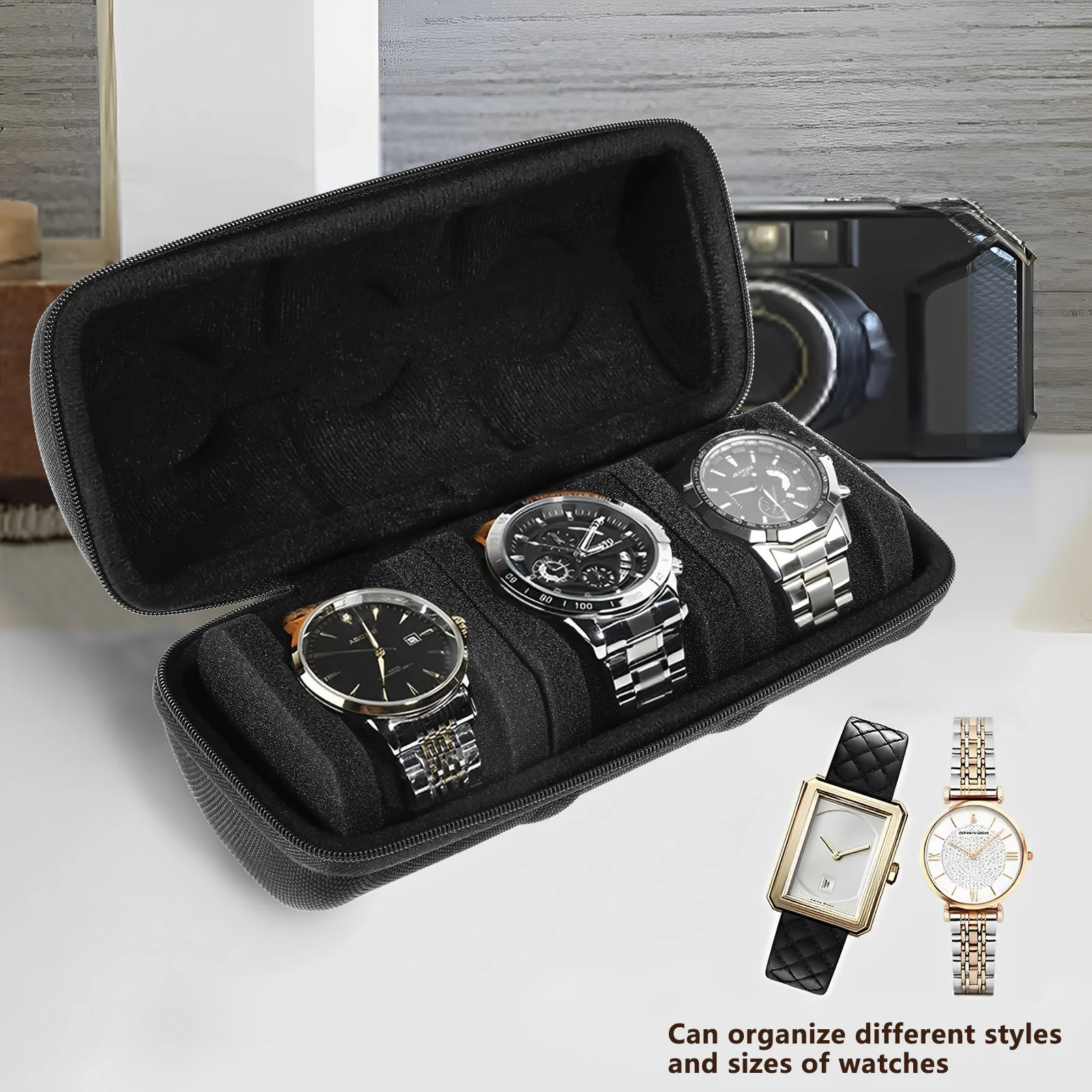 3-Slot-Uhrenaufbewahrungsbox, Uhrendisplay, Aufbewahrungskollektion, Reiseuhr-Organizer, Box mit Uhrenkissen, Armbanduhr-Vitrine Image