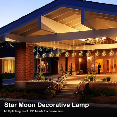 LED Decor Light Solar Moon Star Lights String Light Outdoor Waterproof Solar Powered Curtain Lights with 8 Modes Ramadan Hanging