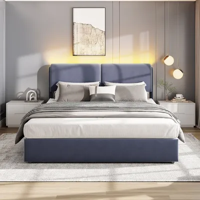 Double Upholstered Bed,LED Bed Frame,Hydraulic Storage Bed,Modern Bedroom Furniture, Queen Size Bed with Headboard,Velvet