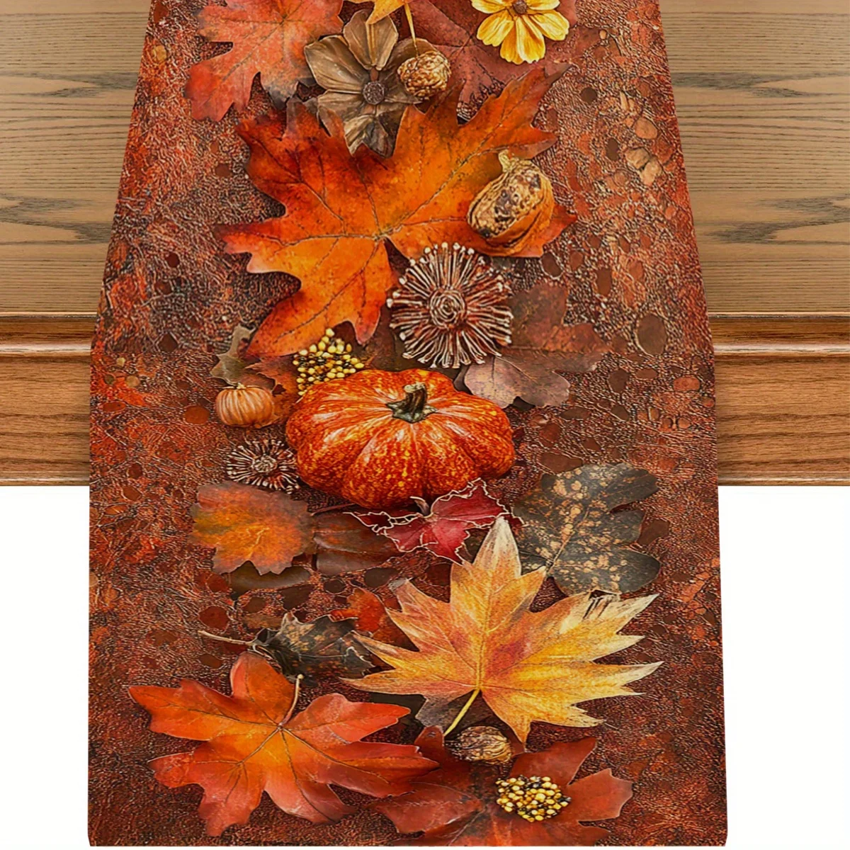 1-teiliger Tischläufer mit Herbsternte-Thema, dreidimensionale Geschenke, Ahornblätter, Kürbisse, getrocknete Blumen, geeignet für Restaurants, Heimtextilien, Thanksgiving-Partys, pastoralen Markt