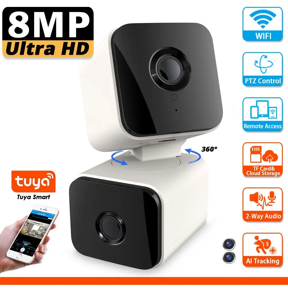 Smart WiFi Kamera MINI Dual objektiv 8MP Zwei bildschirme PTZ HD Video Überwachung IP Kamera Wi-Fi Baby Monitor Drahtlose kamera Tuya Image