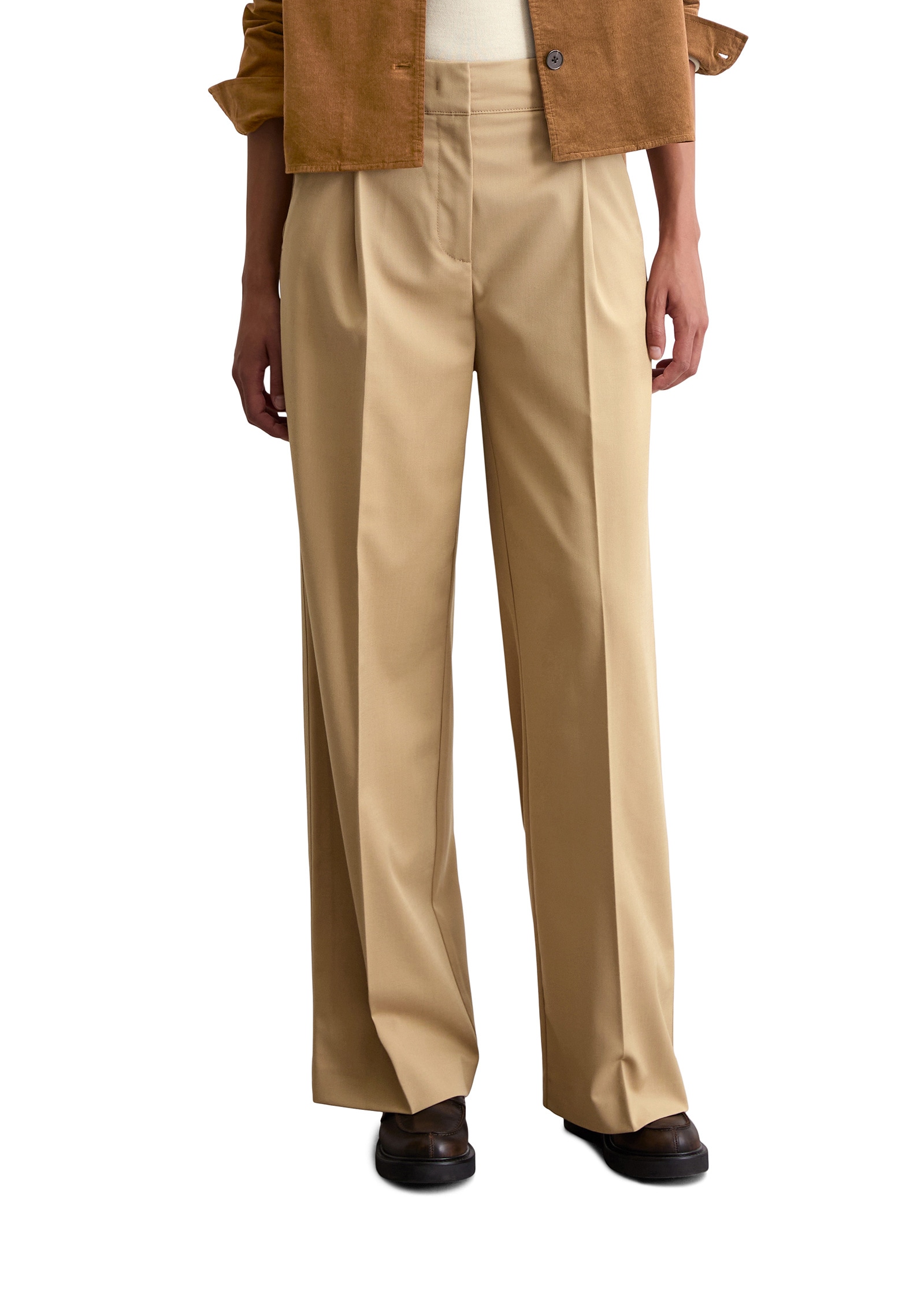 Chinohose MARC O'POLO "aus Wolle-Mix-Twill", Damen, Gr. 42, Normalgrößen, beige (salted caramel), Twill, Obermaterial: 59% Polyester, 21% Viskose, 18% Schurwolle, 2% Elasthan, unifarben, weit normal, Hosen Chinohose