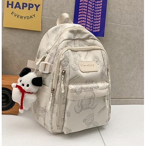 Zaino scolastico stampato beige da donna con grazioso portachiavi in peluche, zaino leggero e di grande capacità per ragazze adolescenti, college e uso quotidiano casual, disponibile in due misure