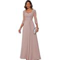 Abito A-Line per la madre della sposa Elegante semplice scollo a V lunghezza a terra in chiffon maniche 3/4 con colore solido