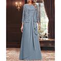 Elegantes minimalistisches Quadrat-Ausschnitt-Zweiteiliges Kleid für die Mutter der Braut bodenlang aus Chiffon mit kordelgeplotteter Spitze ärmellos und mit 3/4-Ärmeln mit kaskadierenden Rüschen.