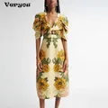 Robe mi-longue élégante à imprimé floral pour femmes, col en V, ligne a, robes de plage et de vacances, robe de soirée Boho, été