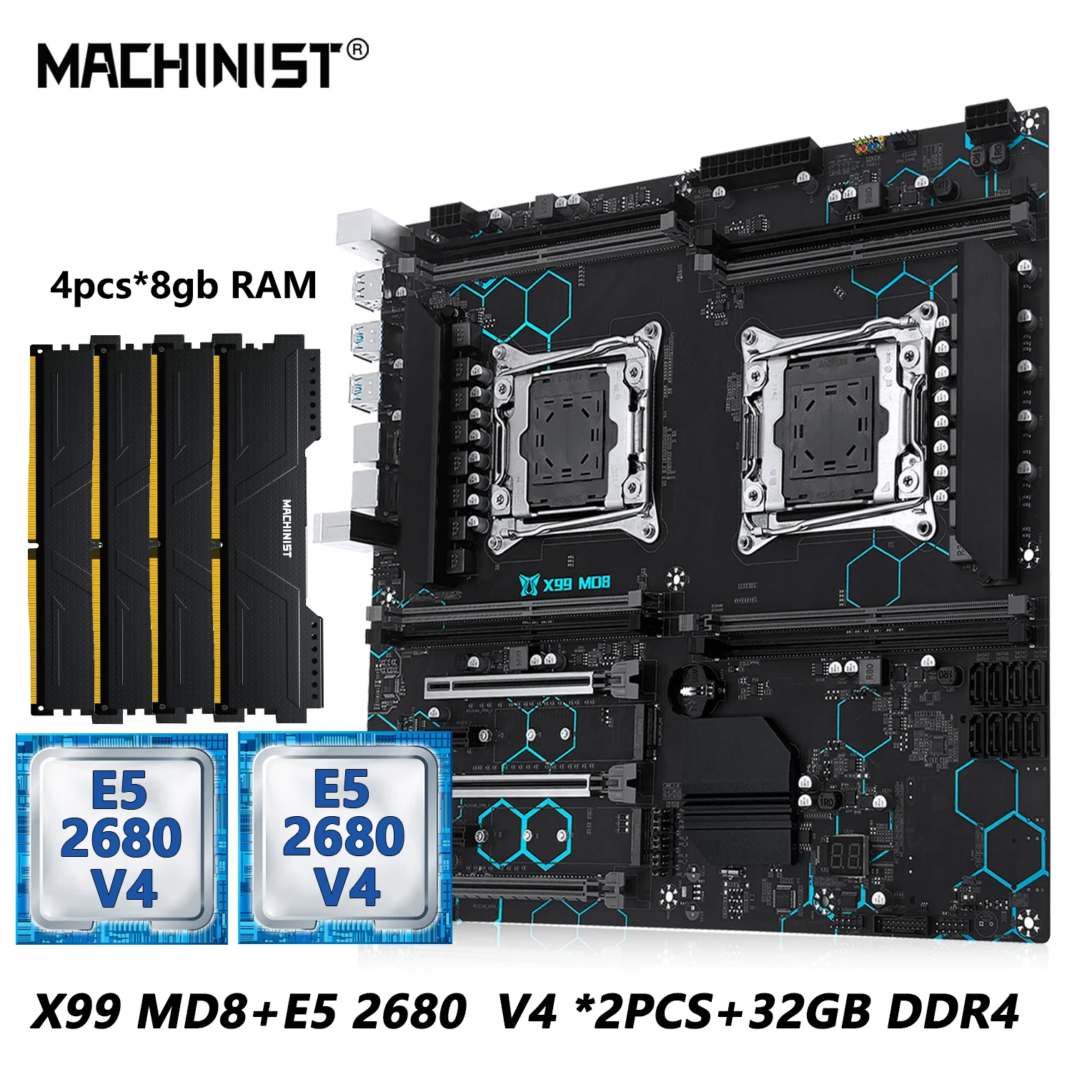 MACHINIST X99 MD8 Dual CPU Motherboard Kit Set Optional Intel Xeon E5 2680 V4 LGA2011-3 DDR4 32 GB RAM C612 Chip Server Computer