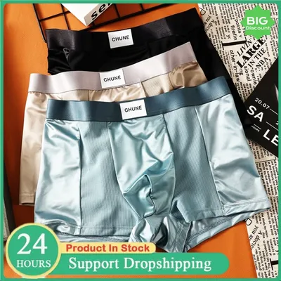 Herren-Boxershorts, luxuriöse Eisseide, satinartig, hohe Elastizität, atmungsaktives Höschen, einfarbig, mittlere Taille, große Größe, nahtlose Unterhose Image