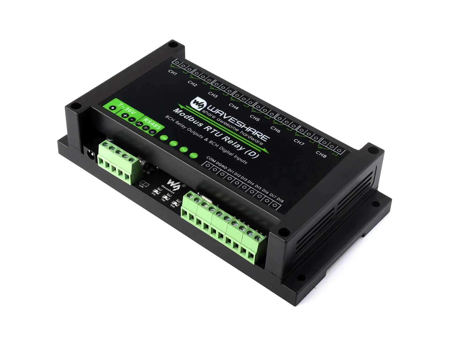 Waveshare Industrial Modbus RTU 8-Kanal-Relaismodul (D) mit digitalem Eingang und RS485, Modbus RTU-Protokoll, 7~36V-Stromversorgung Image