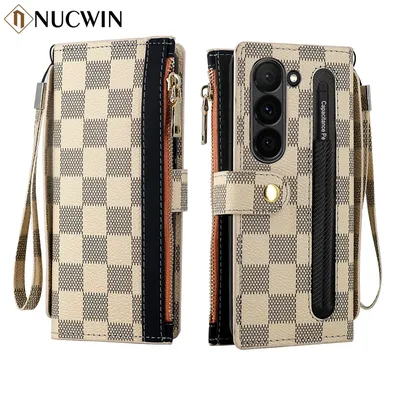 Leather Card Wallet With S Pen Solt Case For Samsung Galaxy Z Fold 6 5 4 3 2 ZFold6 Fold Multifunctional Zipper Protection Cover