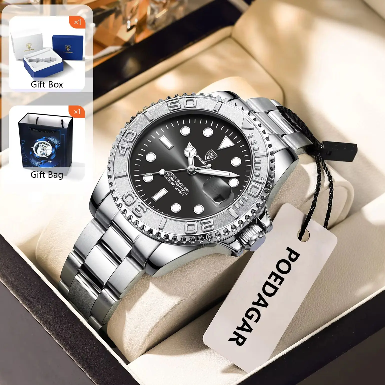 POEDAGAR Mode Männliche Uhr Leuchtende Wasserdichte Edelstahl Männer Armbanduhr Datum Business Quarz herren Uhren mit Geschenk Box Image