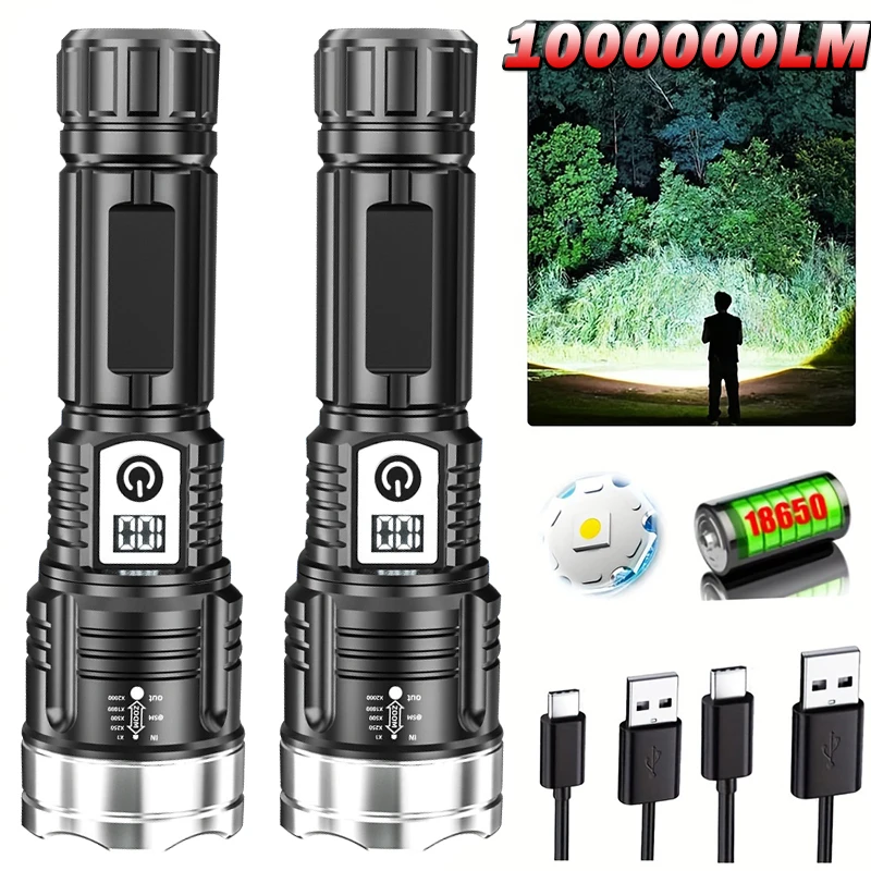 10000LM leistungsstarke LED-Taschenlampe, eingebauter Akku, wiederaufladbare USB-Zoom-Taschenlampe mit Leistungsanzeige, taktische Taschenlampen für den Außenbereich Image